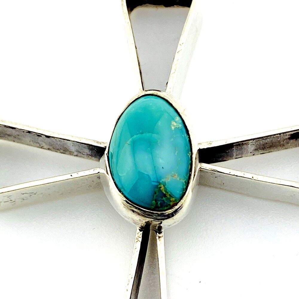 Large Modernist Sterling Silver Turquoise Cross Pendant Necklace Artisan Made - Picture 4 of 7
